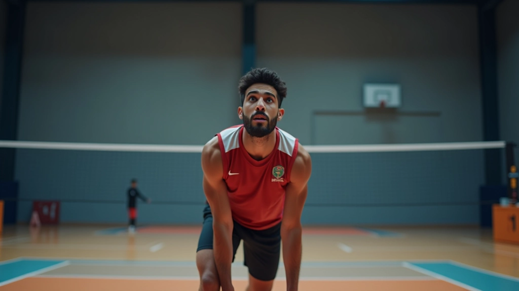 لاعب كرة طائرة يؤدي حركة الضرب بأسلوب احترافي مع تركيز على حركة الأرجل والجسم