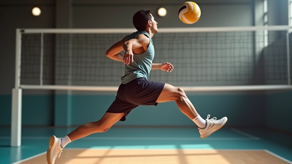 لاعب يقوم بحركة ضرب قوية مع ملعب في الخلفية